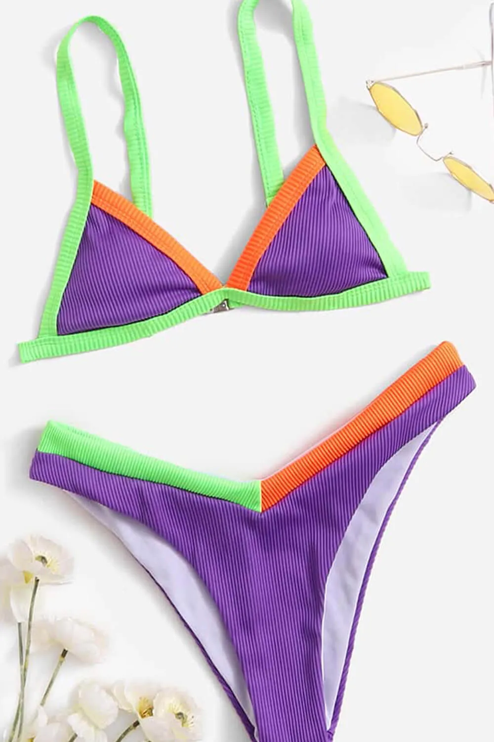 Purple Ribbed Colorblock Triangle Bikini Top sold by Floralkini product image thumbnail 2