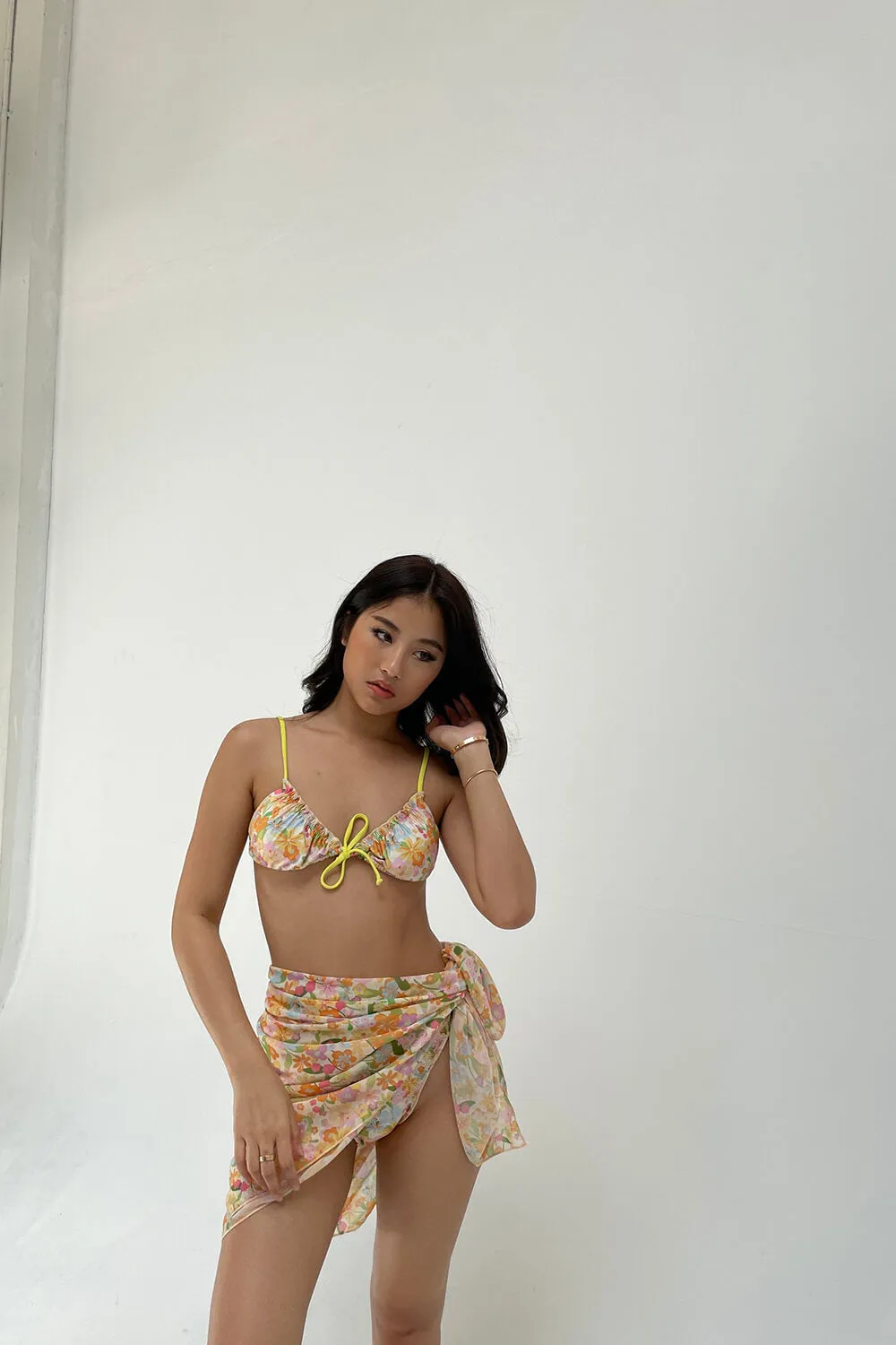 Floral Print Ruched Tie Front Bikini Set With Side Tie Sarong Skirt sold by Floralkini product image thumbnail 4