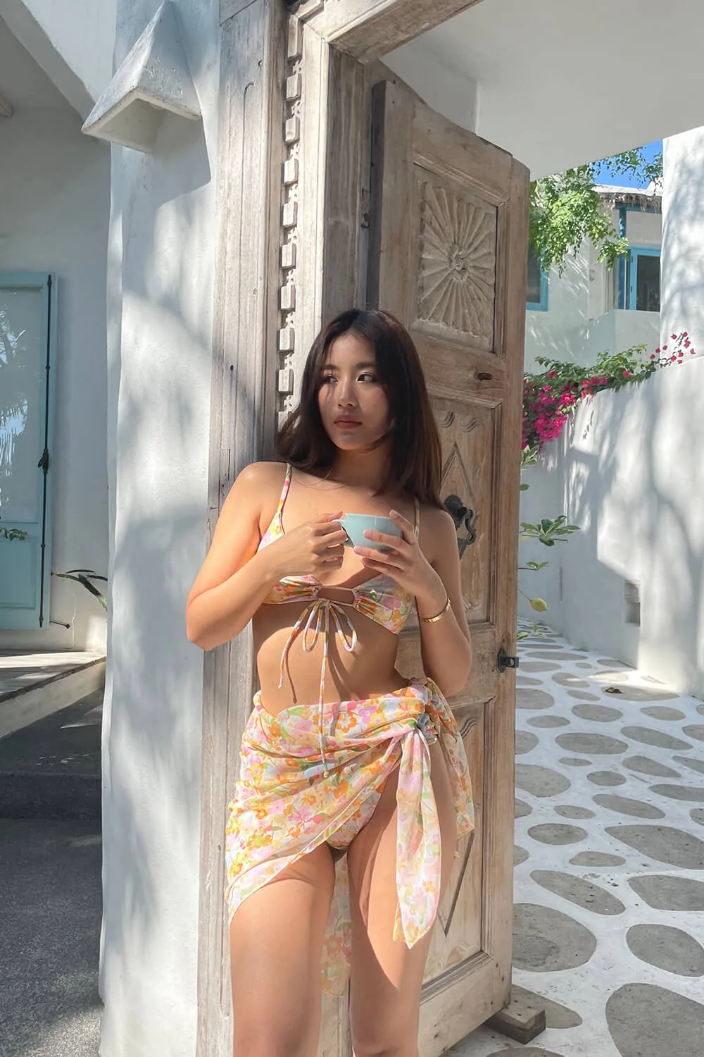 Floral Print Ruched Tie Front Bikini Set With Side Tie Sarong Skirt sold by Floralkini