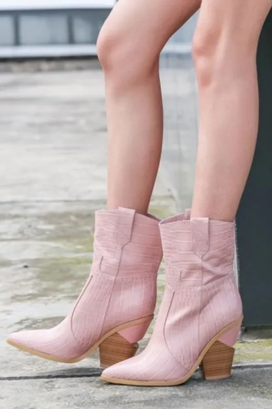 Pink Croc Cut-Out Heel Mid Western Cowboy Boots sold by Floralkini