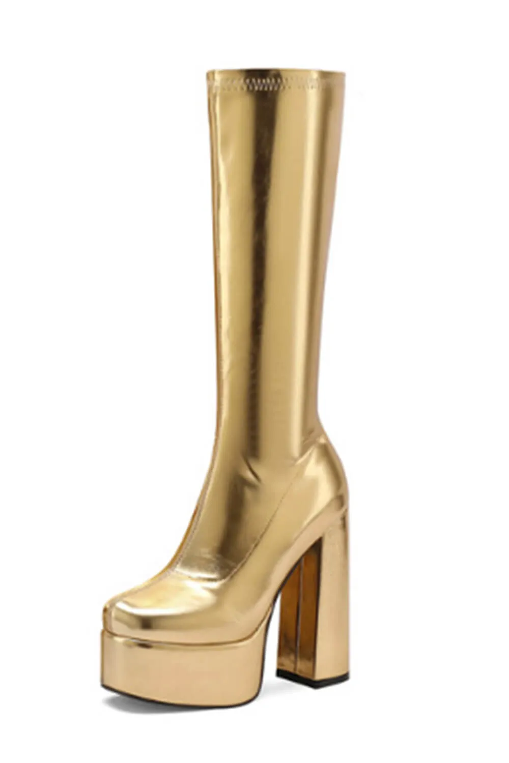 Metallic Faux Leather Platform Block Heel Knee High Boots - Gold sold by Floralkini product image thumbnail 2