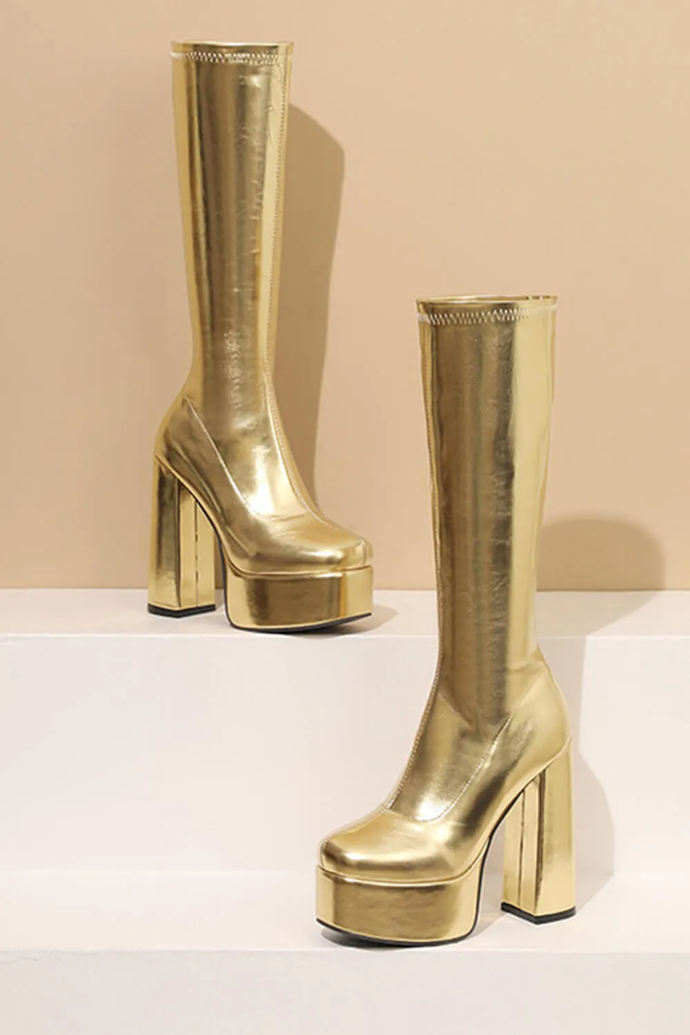 Metallic Faux Leather Platform Block Heel Knee High Boots - Gold sold by Floralkini product image thumbnail 3