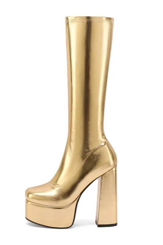 Metallic Faux Leather Platform Block Heel Knee High Boots - Gold sold by Floralkini