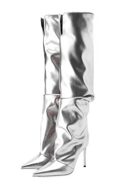Faux Leather Pointed Toe Slouchy Knee High Stiletto Boots - Silver sold by Floralkini