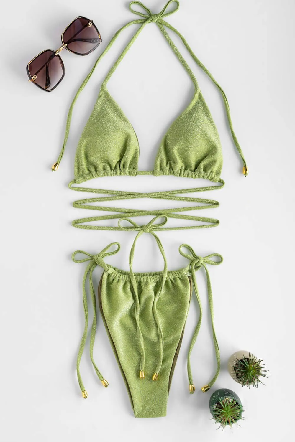 Shimmer Halterneck Triangle Wrap Tie Side Bikini Set - Avocado sold by Floralkini product image thumbnail 3