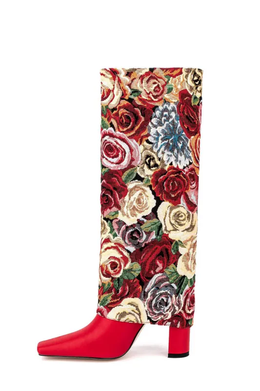 Red Floral Folded Knee High Square Toe Block Heel Long Boots sold by Floralkini