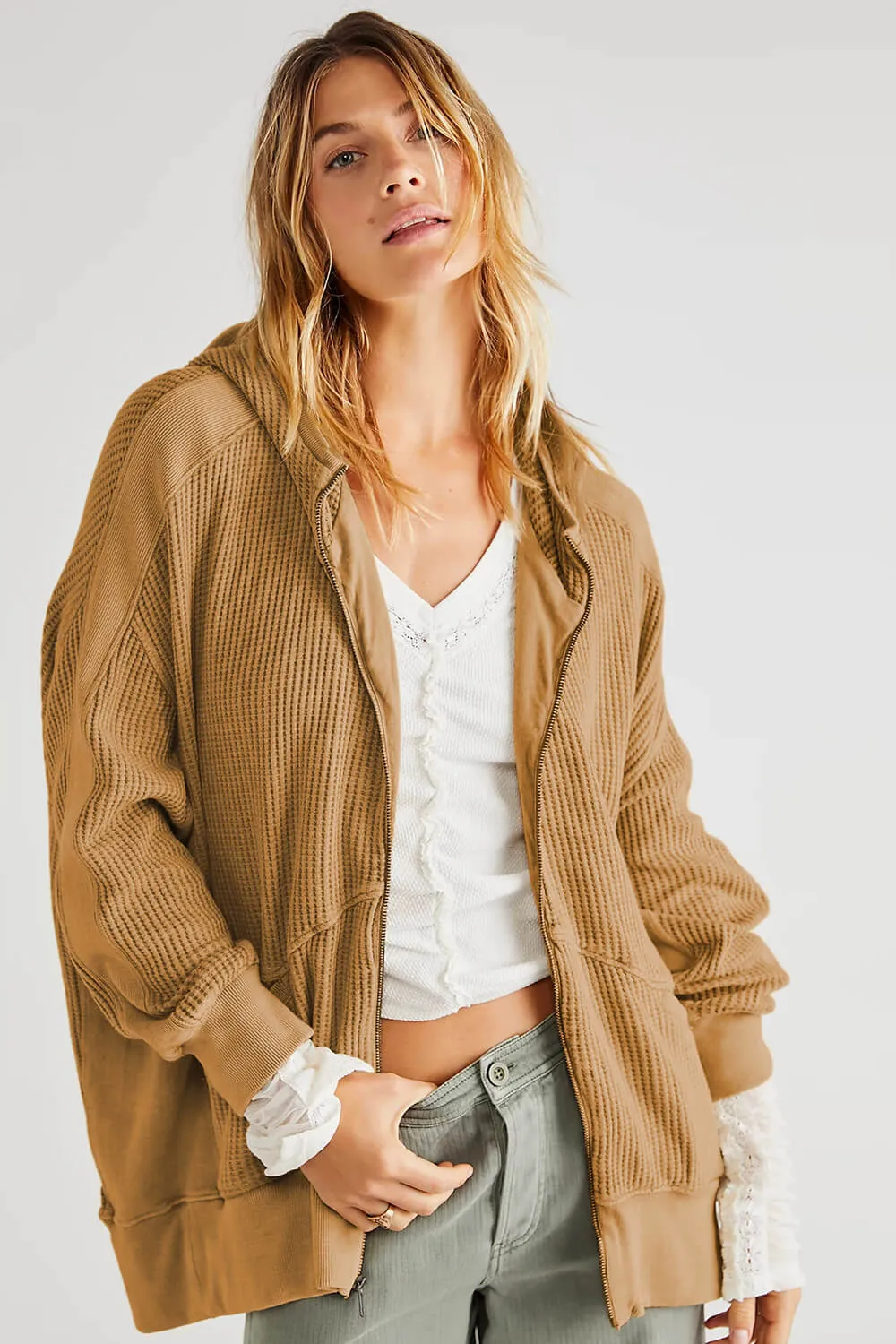 Waffle-Knit Oversized Zip Up Hoodie sold by Floralkini product image thumbnail 4