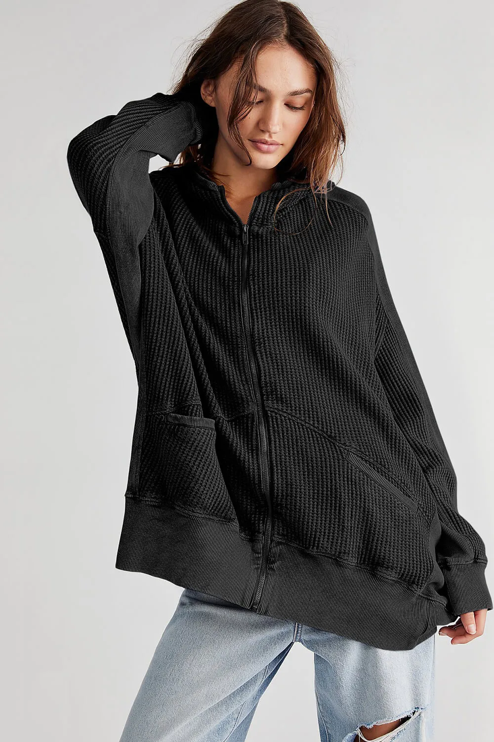 Waffle-Knit Oversized Zip Up Hoodie sold by Floralkini