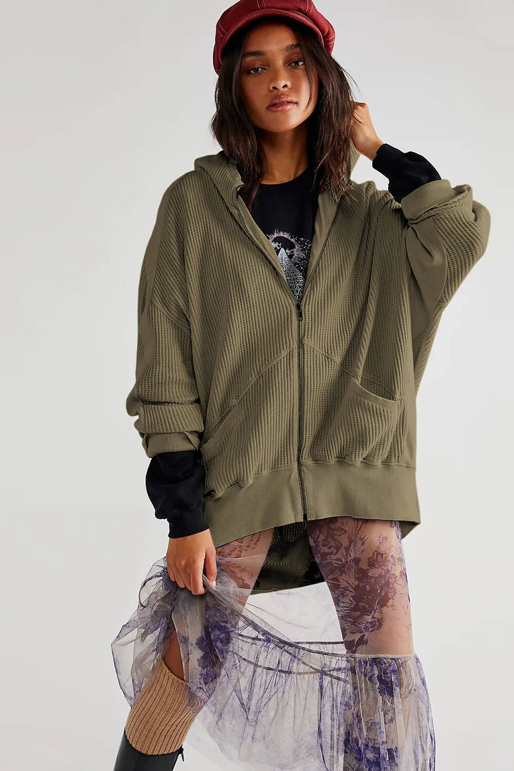 Waffle-Knit Oversized Zip Up Hoodie sold by Floralkini product image thumbnail 5