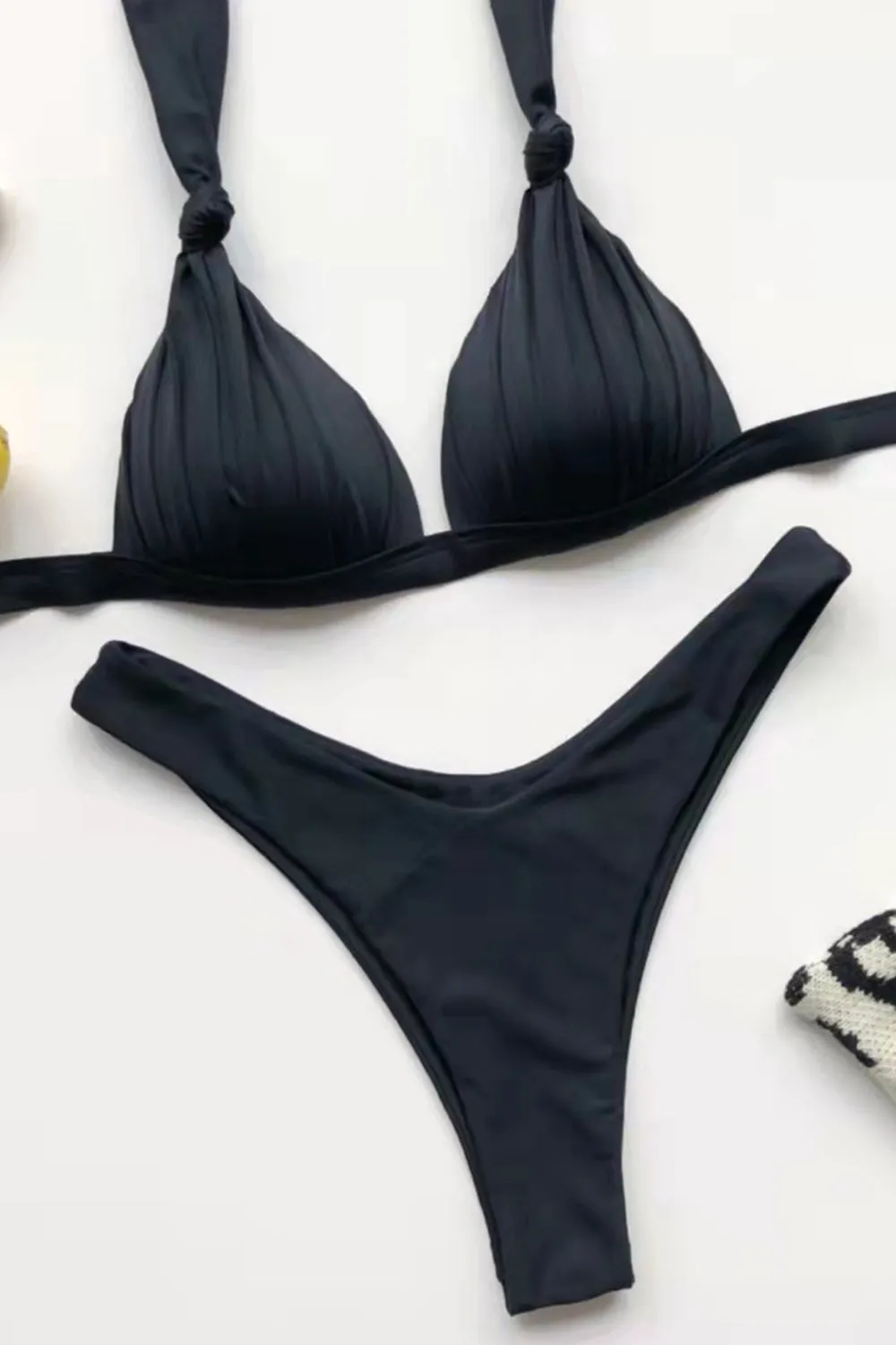 Knotted Triangle Halterneck Ruched Underwire High-Cut Bikini Set - Black sold by Floralkini product image thumbnail 3