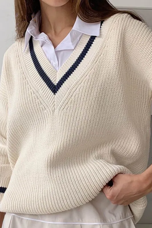 Ribbed Knit V-Neck Oversized Pullover Varsity Sweater - Black & White sold by Floralkini