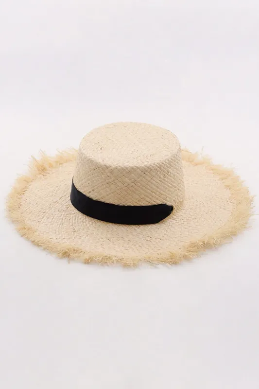 Raffia Straw Boater With Black Chin Tie sold by Floralkini