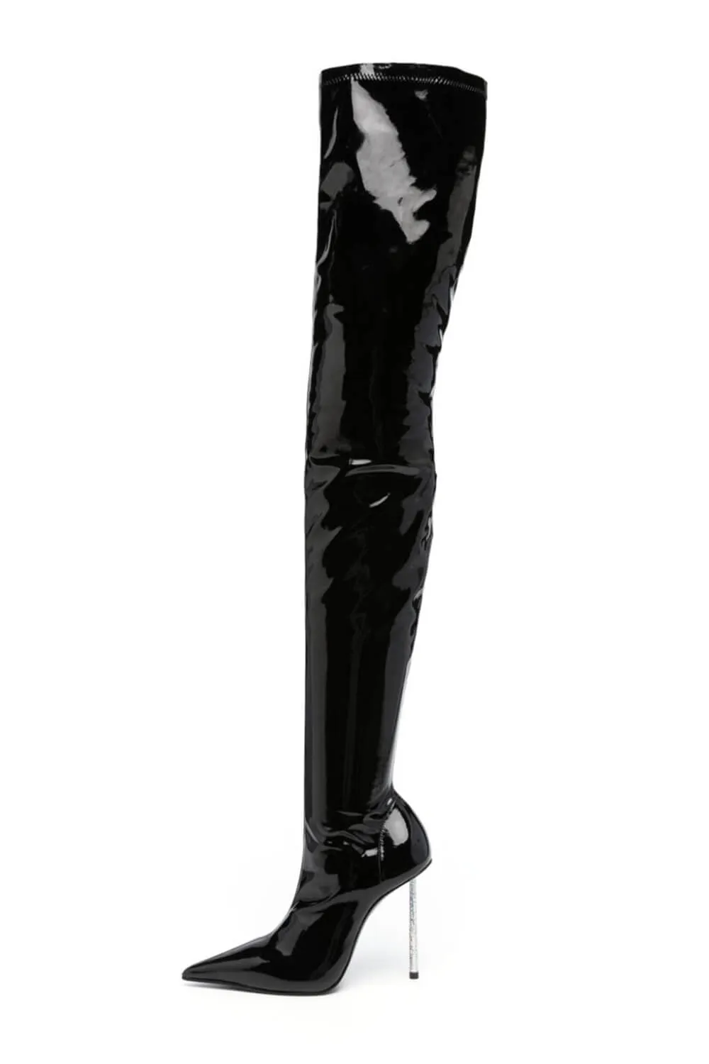 Patent Pointed Toe Thigh High Stiletto Boots - Black sold by Floralkini
