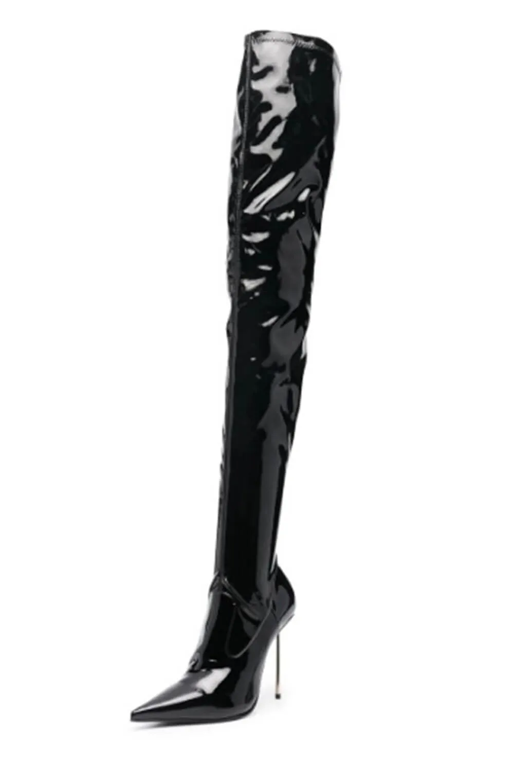Patent Pointed Toe Thigh High Stiletto Boots - Black sold by Floralkini product image thumbnail 2