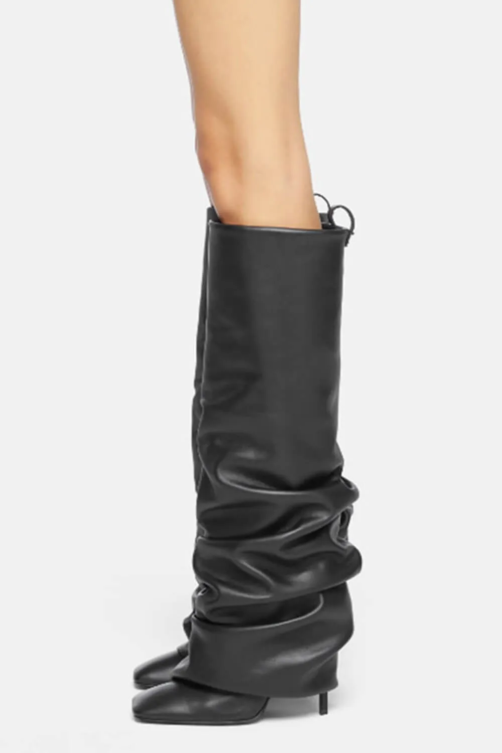 Faux Leather Square Toe Folded Knee High Stiletto Boots - Black sold by Floralkini