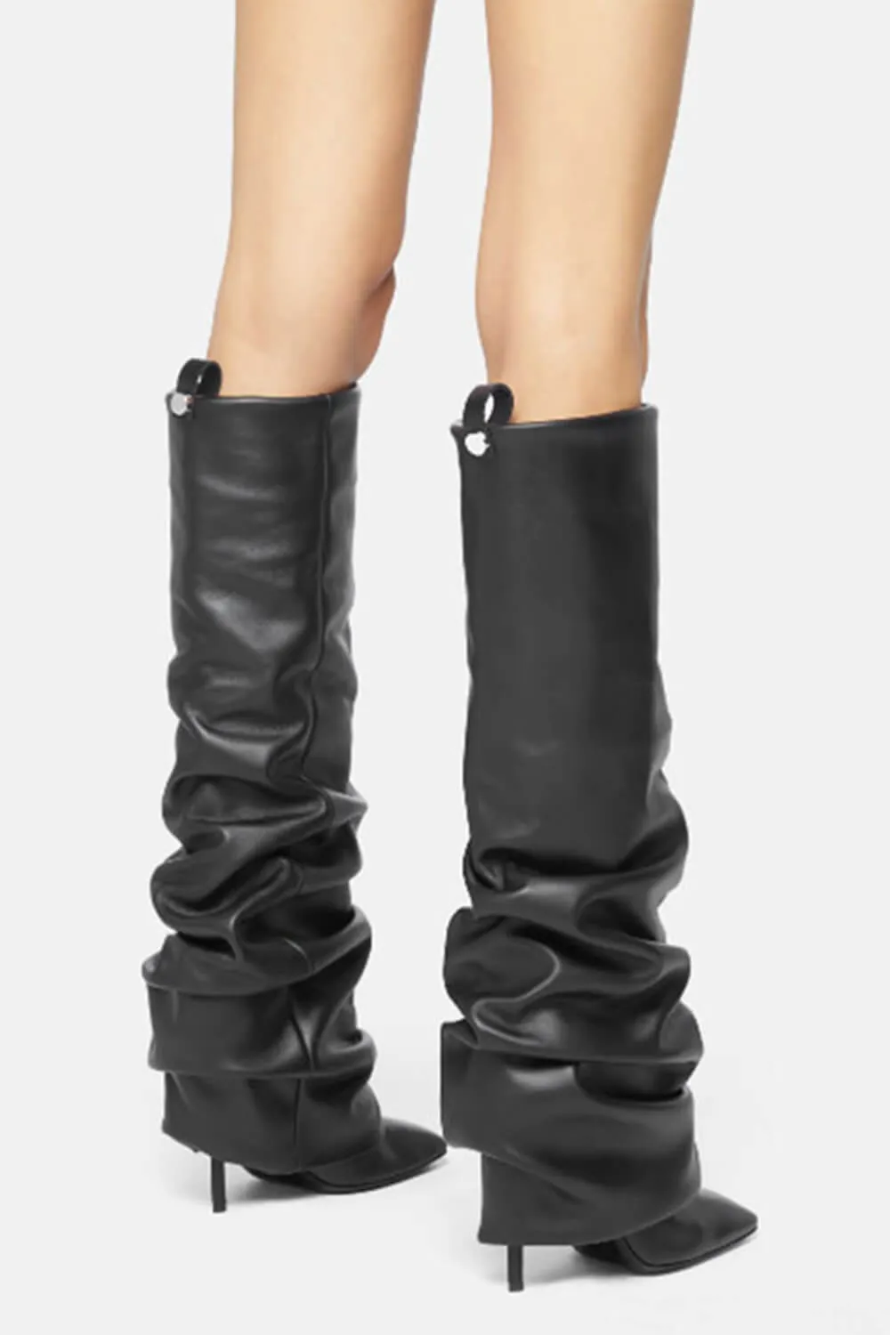 Faux Leather Square Toe Folded Knee High Stiletto Boots - Black sold by Floralkini product image thumbnail 2