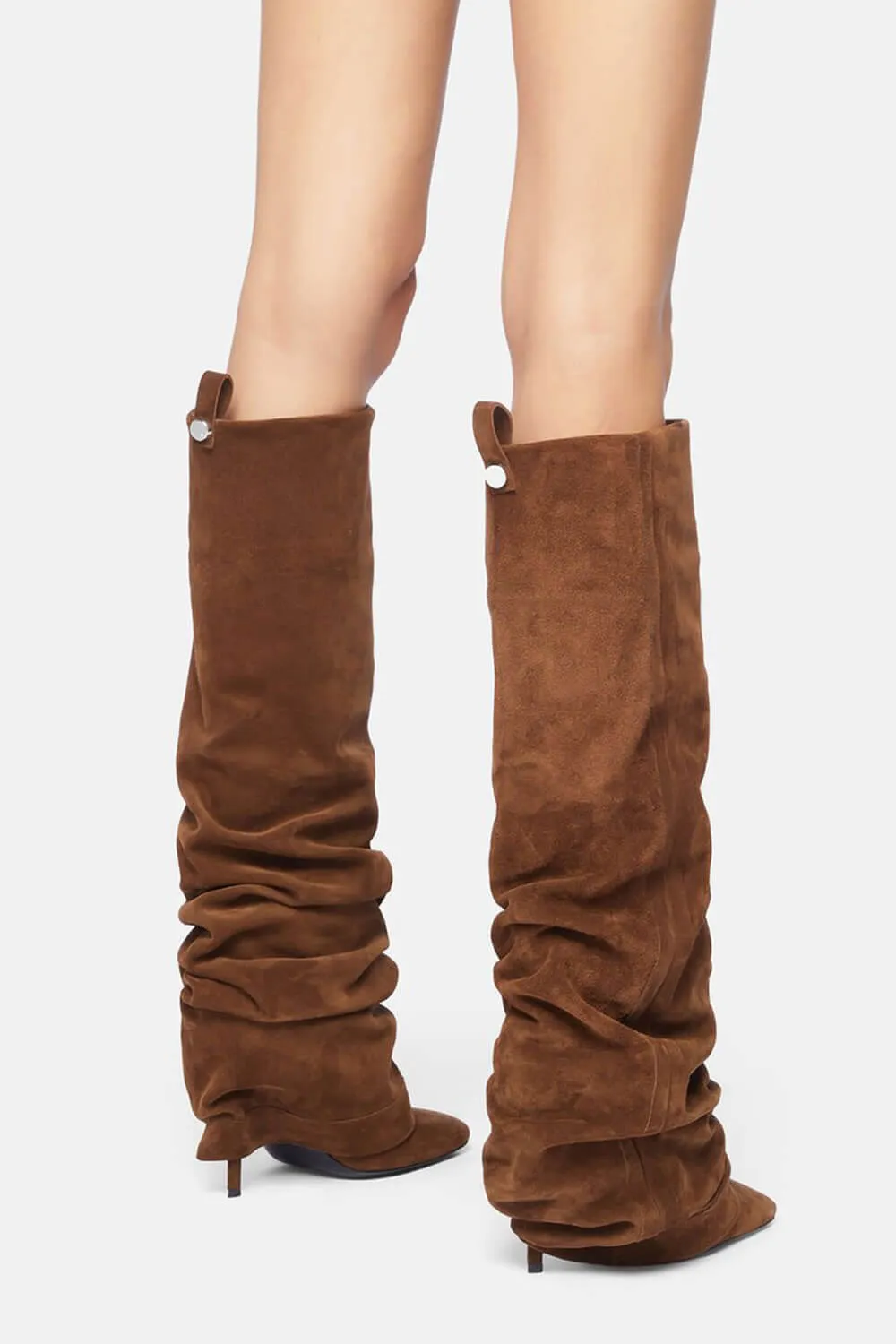 Faux Suede Square Toe Folded Knee High Stiletto Boots - Brown sold by Floralkini product image thumbnail 2