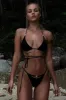 Triangle Wrap Tie Halter Bikini Set With Gold Hardware Details - Black sold by Floralkini