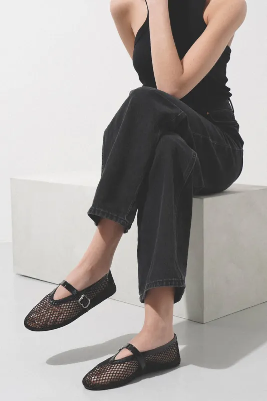 Faux Patent Leather Fishnet Mesh Ballet Flats - Black sold by Floralkini