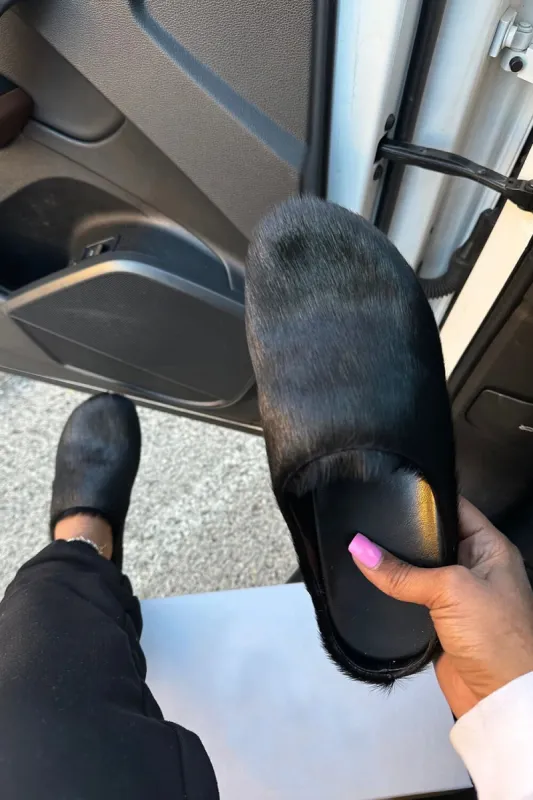 Long Hair Calf Leather Fussbett Slip-On Flat Clog - Black sold by Floralkini