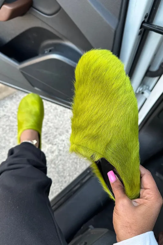 Long Hair Calf Leather Fussbett Slip-On Flat Clog - Lime sold by Floralkini