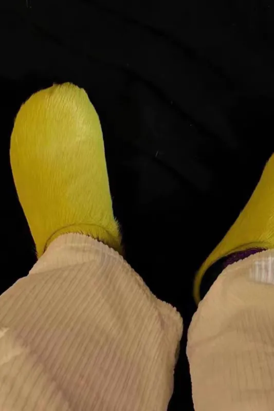 Long Hair Calf Leather Fussbett Slip-On Flat Clog - Yellow sold by Floralkini