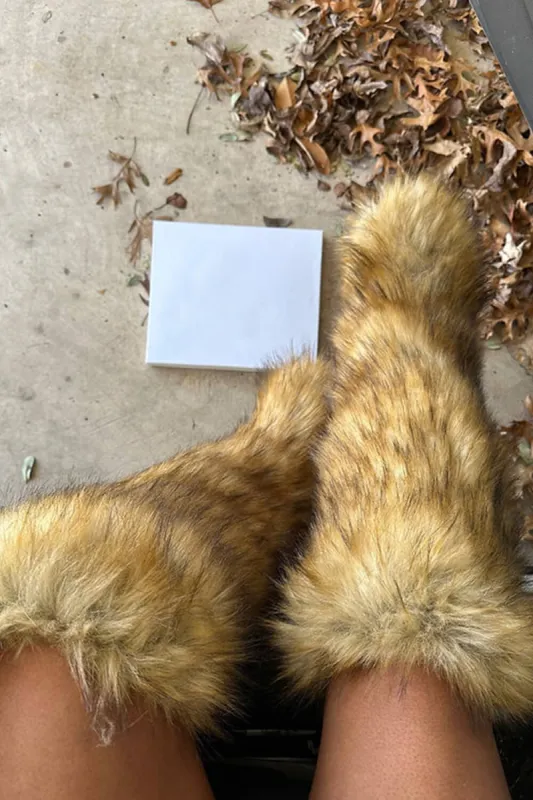 Fluffy Faux Fur Over The Knee Boot - Bronze sold by Floralkini