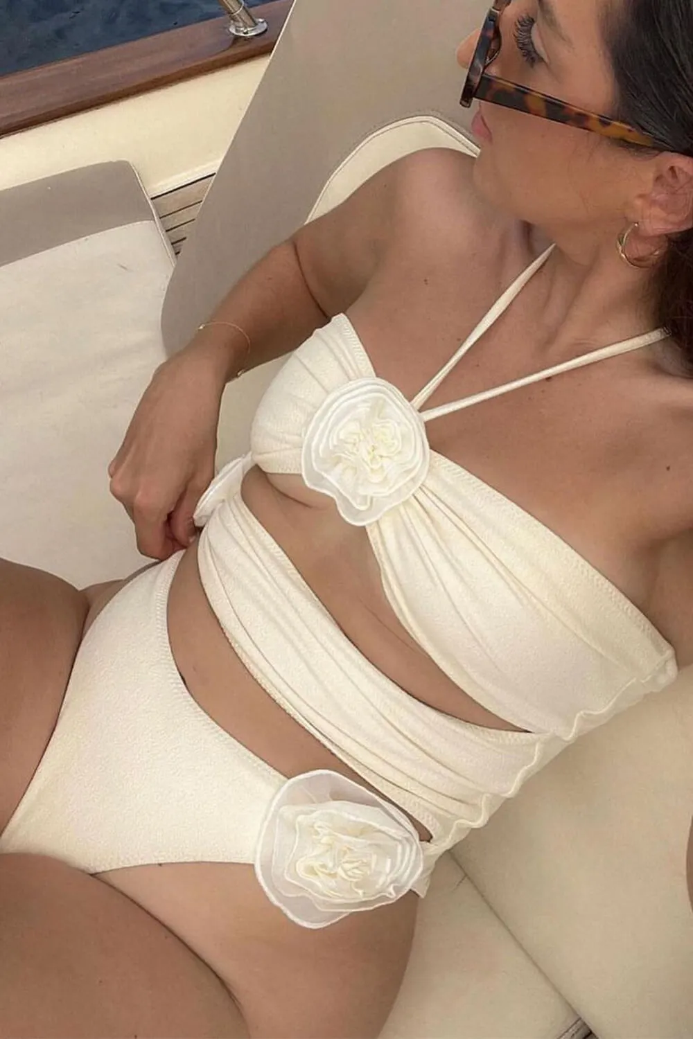 Rose Applique Halter Neck Cut-Out One Piece Swimsuit sold by Floralkini product image thumbnail 5