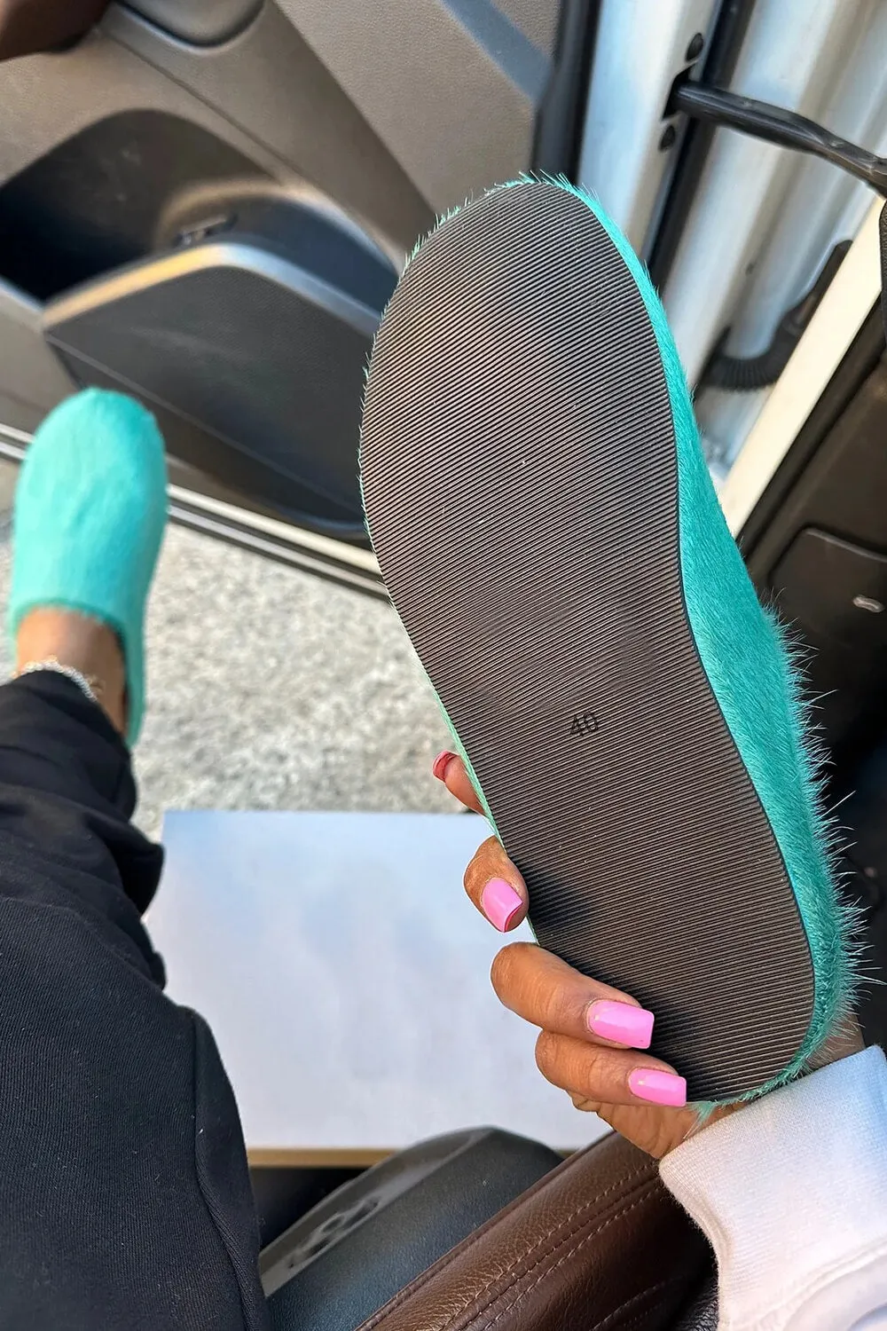 Long Hair Calf Leather Fussbett Slip-On Flat Clog - Turquoise sold by Floralkini product image thumbnail 5