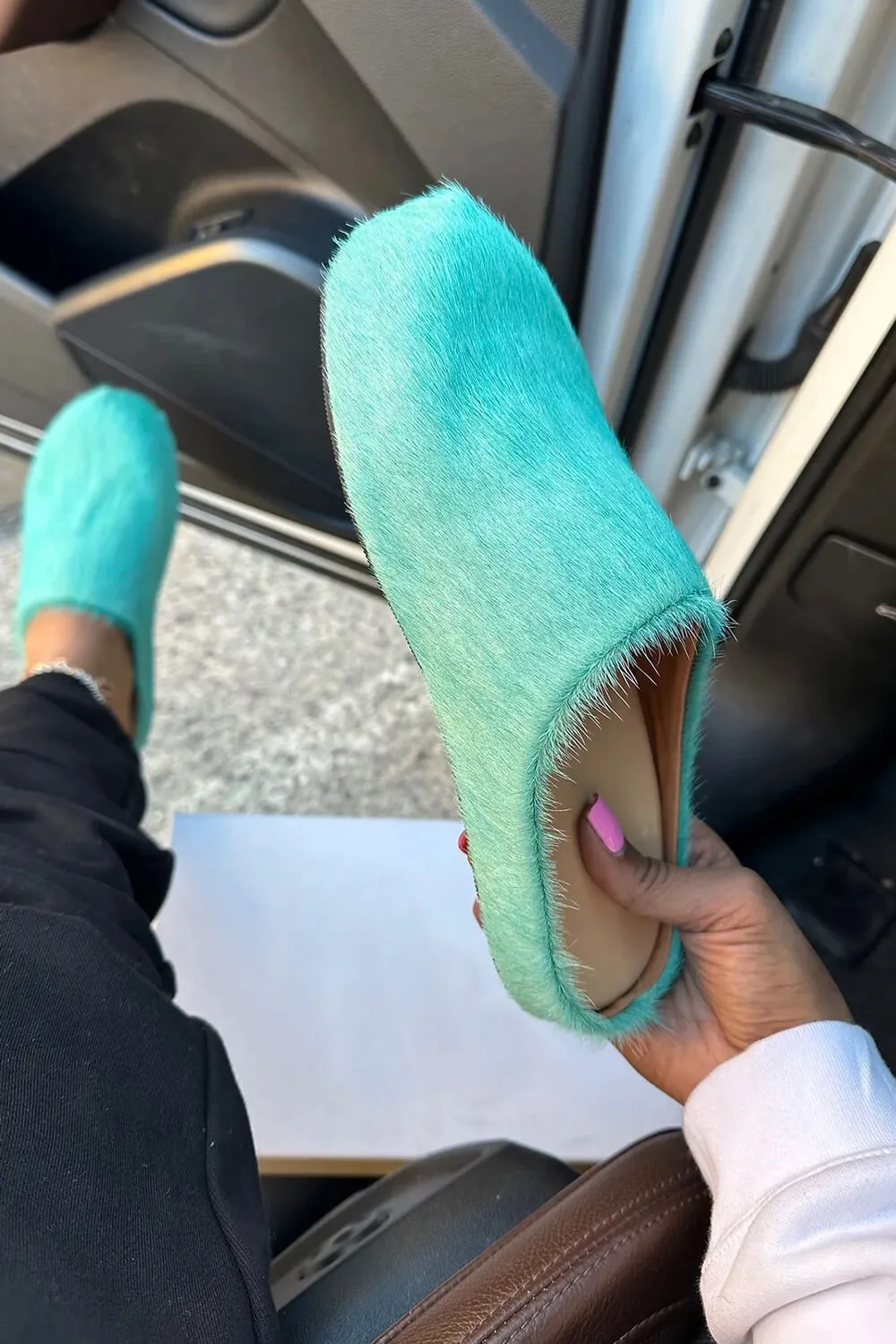 Long Hair Calf Leather Fussbett Slip-On Flat Clog - Turquoise sold by Floralkini product image thumbnail 3