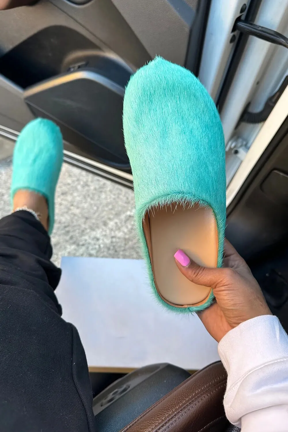 Long Hair Calf Leather Fussbett Slip-On Flat Clog - Turquoise sold by Floralkini