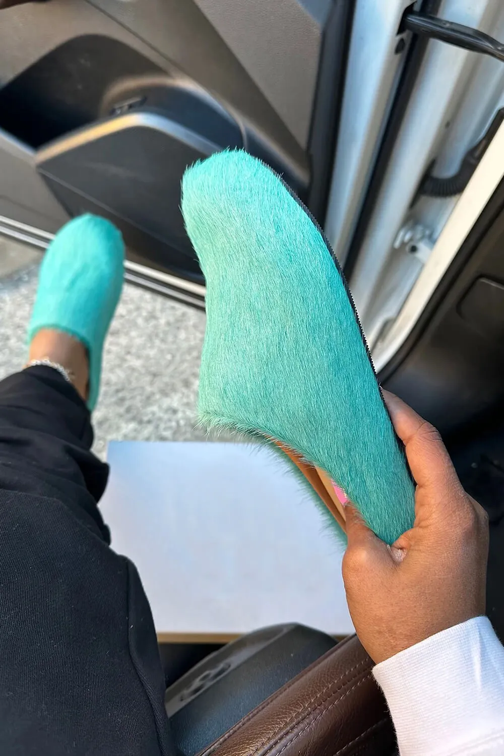 Long Hair Calf Leather Fussbett Slip-On Flat Clog - Turquoise sold by Floralkini product image thumbnail 4