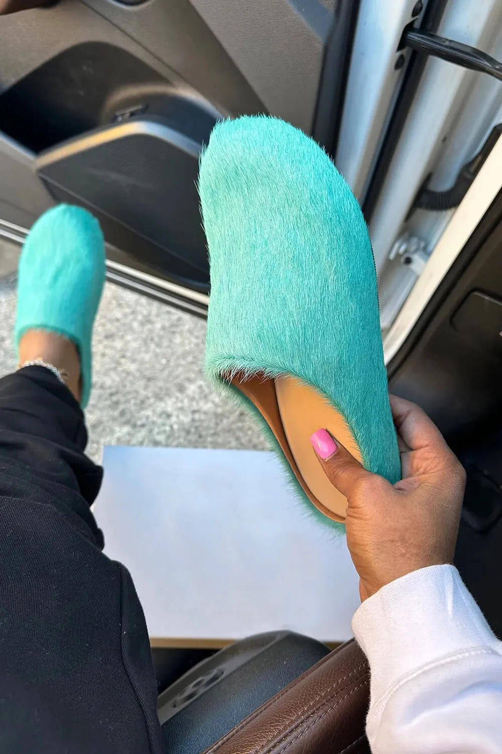 Long Hair Calf Leather Fussbett Slip-On Flat Clog - Turquoise sold by Floralkini product image thumbnail 2