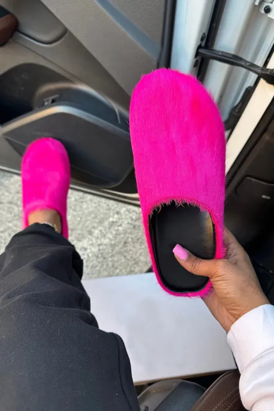 Long Hair Calf Leather Fussbett Slip-On Flat Clog - Hot Pink sold by Floralkini