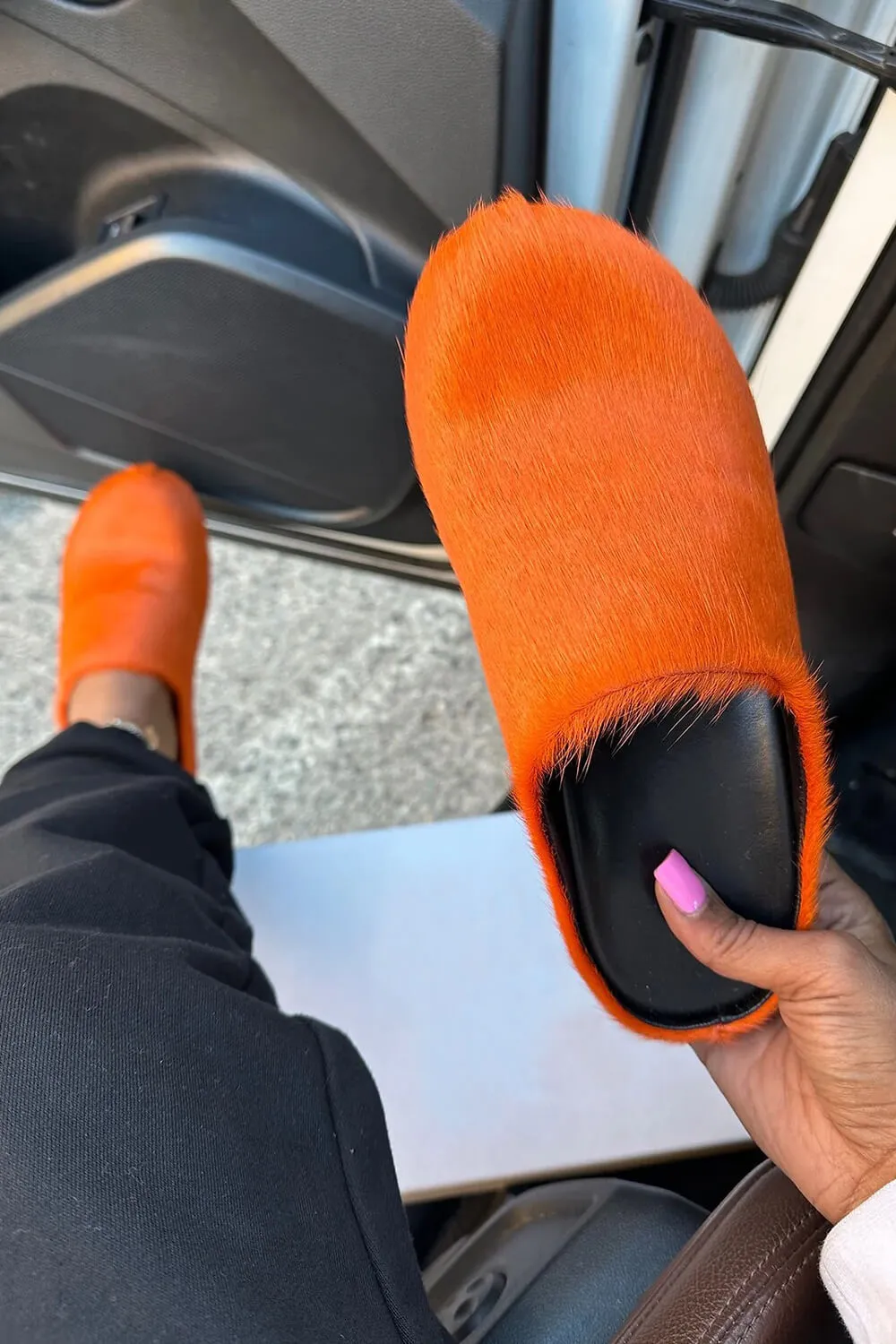 Long Hair Calf Leather Fussbett Slip-On Flat Clog - Orange sold by Floralkini product image thumbnail 3