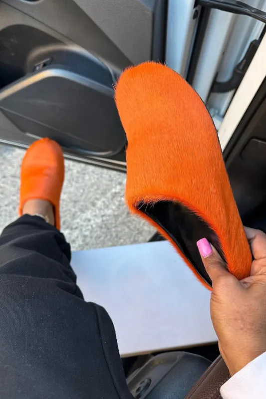 Long Hair Calf Leather Fussbett Slip-On Flat Clog - Orange sold by Floralkini
