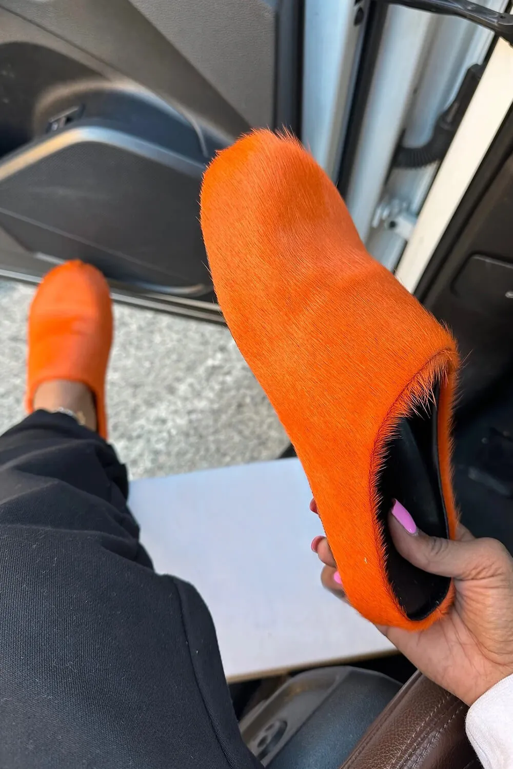 Long Hair Calf Leather Fussbett Slip-On Flat Clog - Orange sold by Floralkini product image thumbnail 2