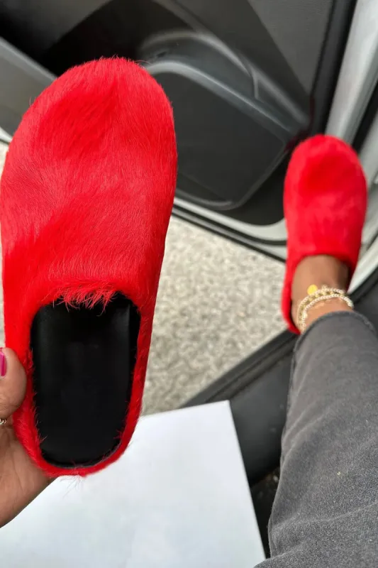 Long Hair Calf Leather Fussbett Slip-On Flat Clog - Red sold by Floralkini