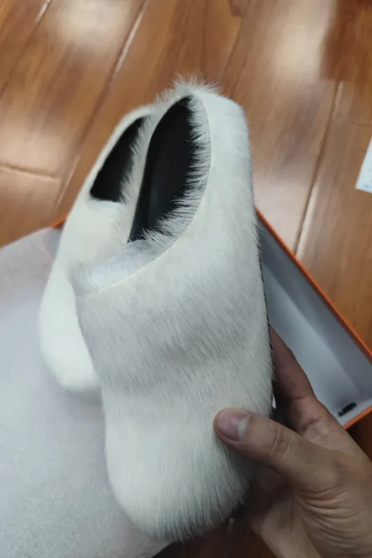 Long Hair Calf Leather Fussbett Slip-On Flat Clog - White sold by Floralkini