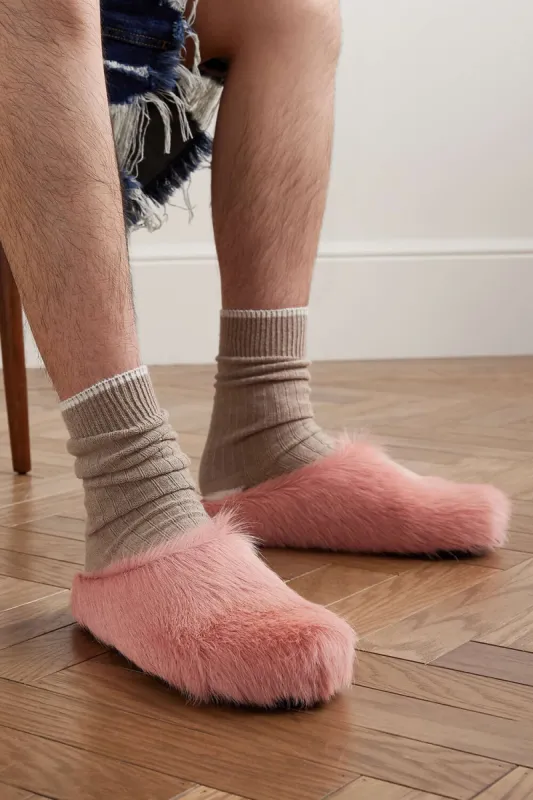 Long Hair Calf Leather Fussbett Slip-On Flat Clog - Pink sold by Floralkini