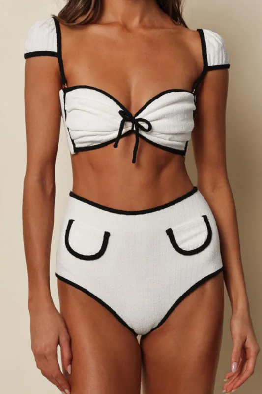 Binded Terry Rib Bows High Waisted Bikini Set With Mini Pockets - Cream Black sold by Floralkini