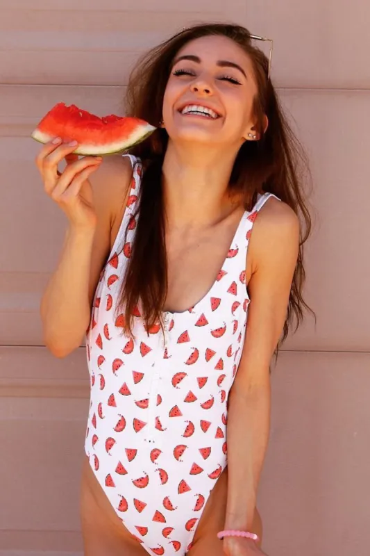 Watermelon Print Zipper Up One Piece Swimsuit sold by Floralkini