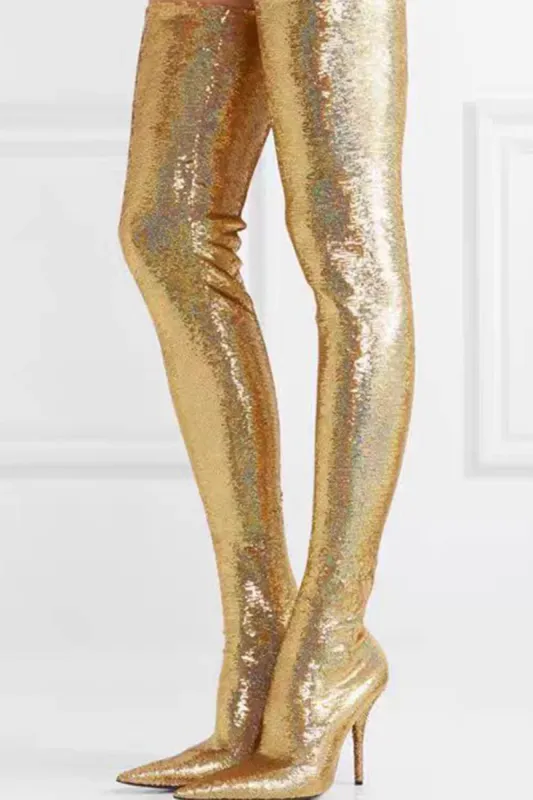 Sequins Pointed Toe High Heel Over The Knee Boots - Gold sold by Floralkini
