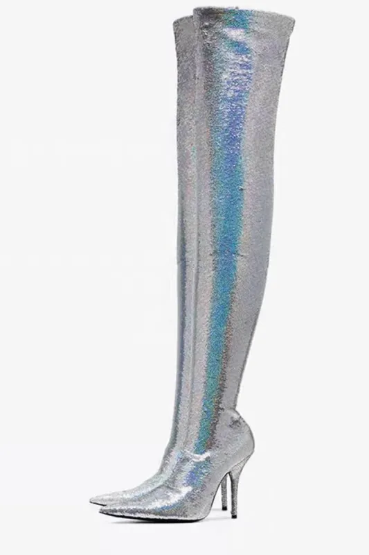 Sequins Pointed Toe High Heel Over The Knee Boots - Silver sold by Floralkini