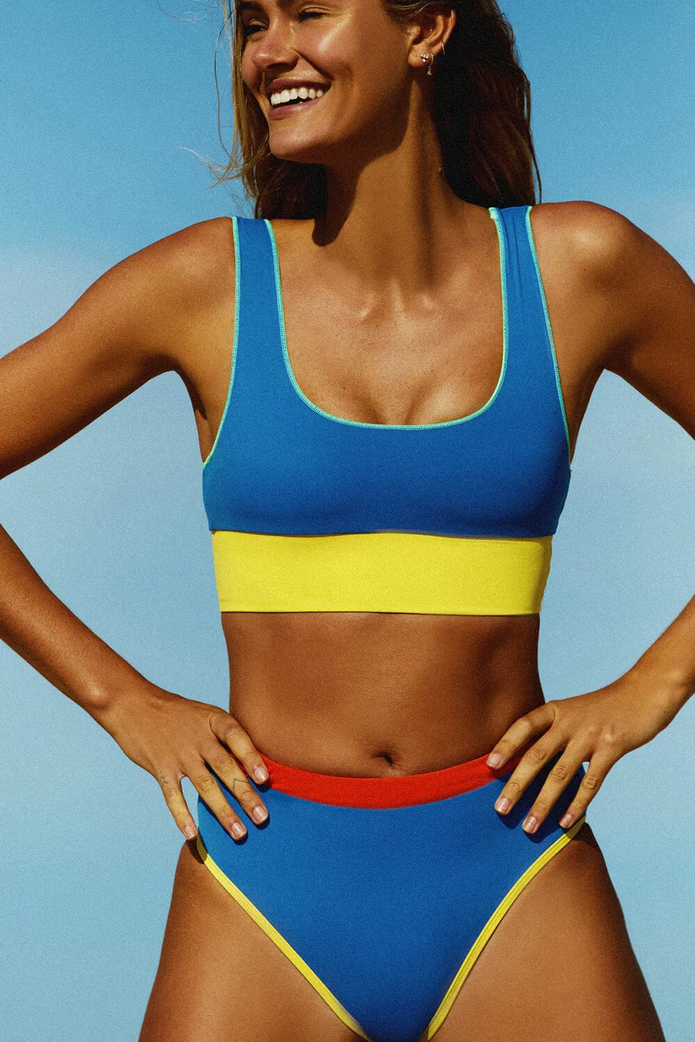 Color Block Crop Longline High Waist Bikini Set - Blue sold by Floralkini