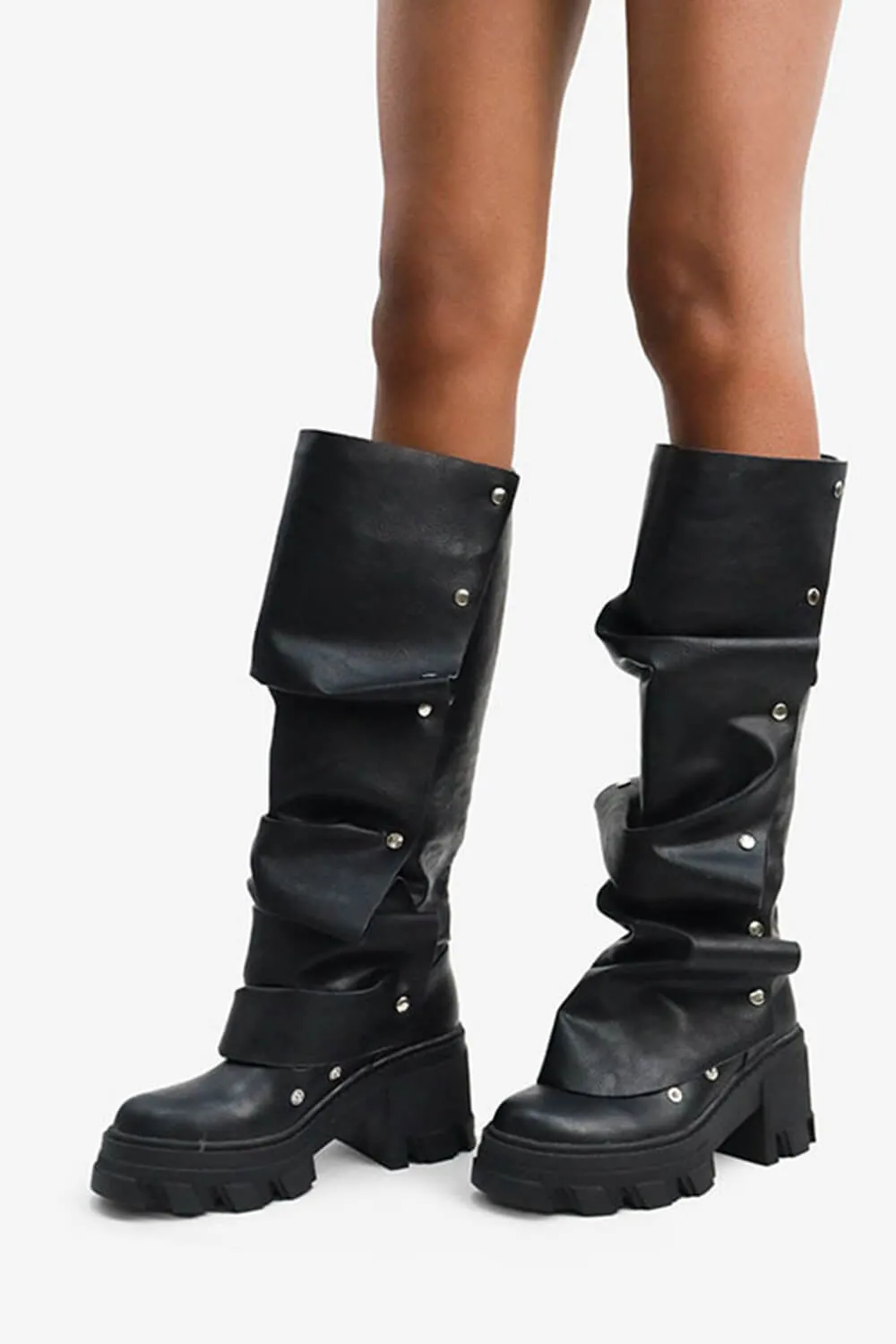Ruffled Popper Detail Mid-Calf Platform Combat Boots - Black sold by Floralkini product image thumbnail 4