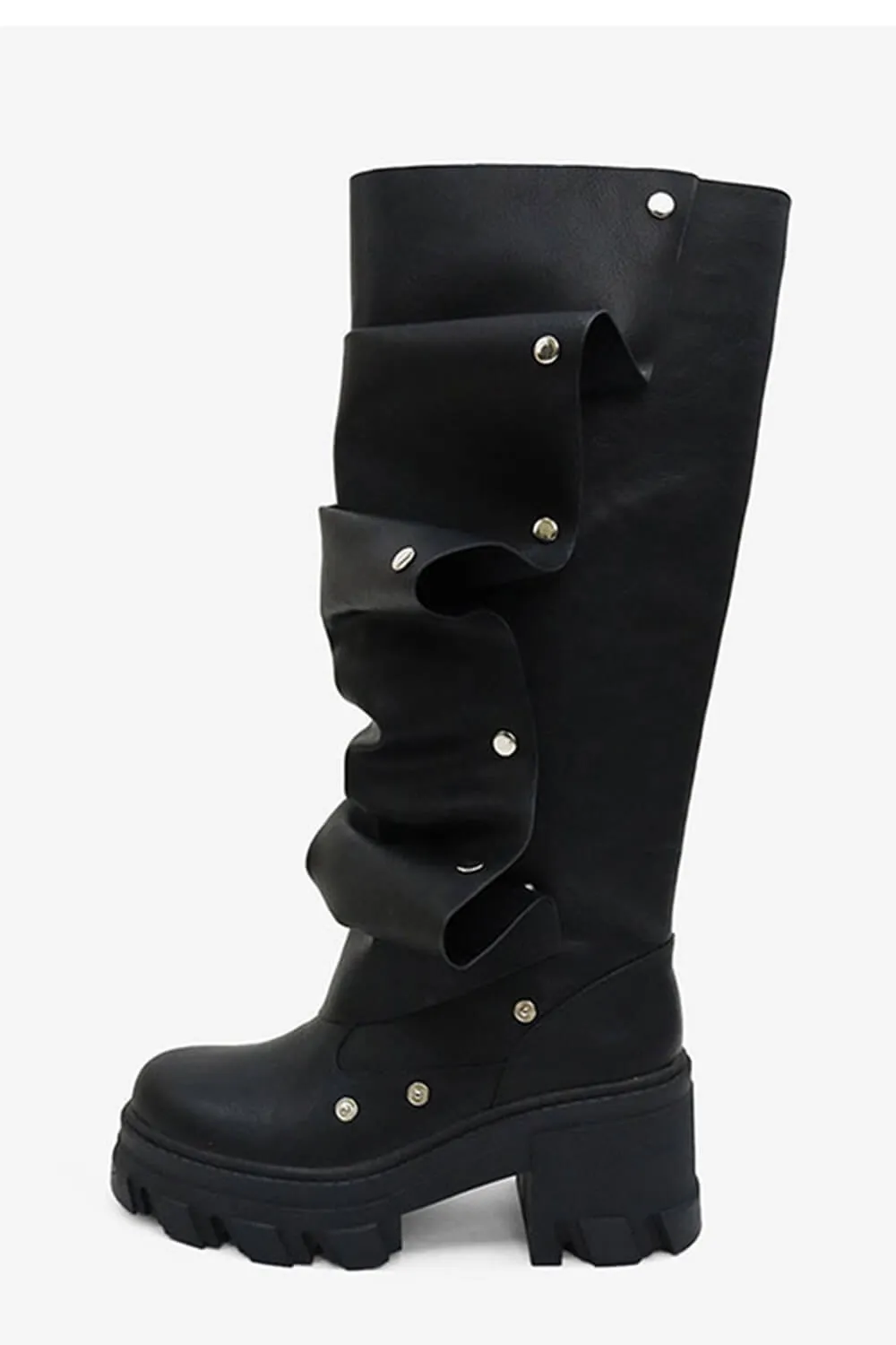 Ruffled Popper Detail Mid-Calf Platform Combat Boots - Black sold by Floralkini product image thumbnail 5