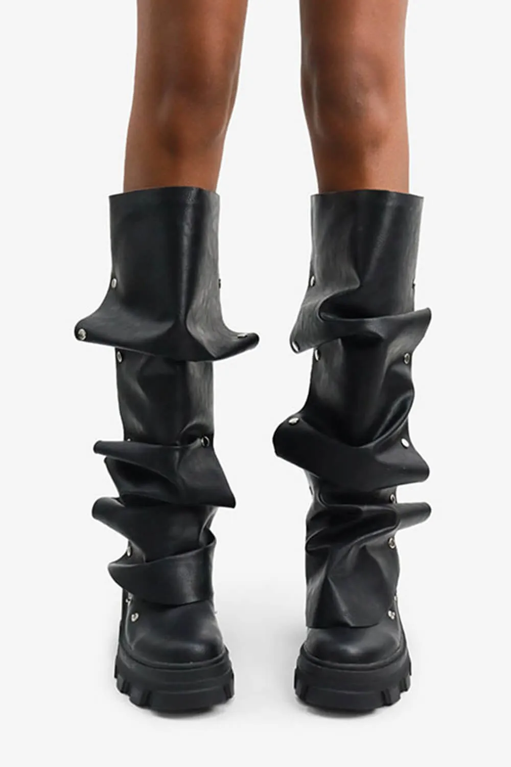 Ruffled Popper Detail Mid-Calf Platform Combat Boots - Black sold by Floralkini product image thumbnail 3