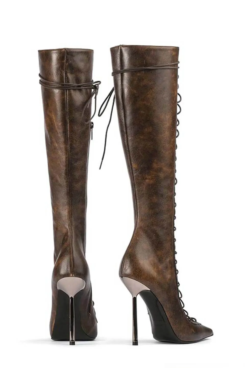Laced-Up Tapered Pointed Toe Ankle High Stiletto Boots - Brown sold by Floralkini product image thumbnail 3