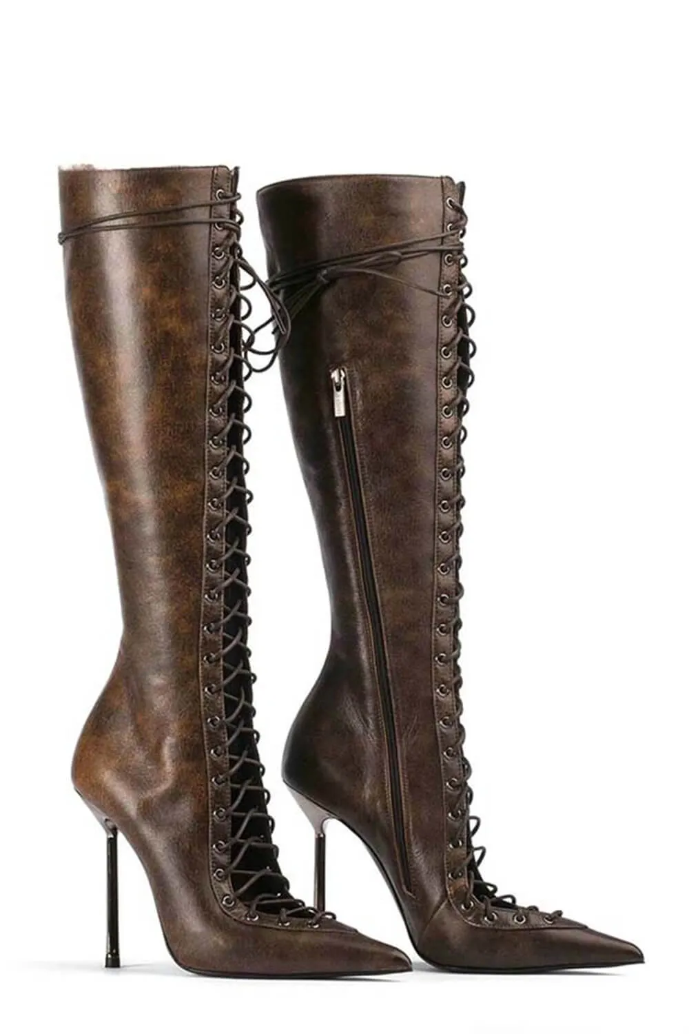 Laced-Up Tapered Pointed Toe Ankle High Stiletto Boots - Brown sold by Floralkini product image thumbnail 4